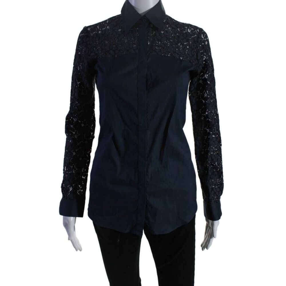 Aglini Womens Cotton Blend Lace Panel Collared Button Up Blouse Top Blue Size 40